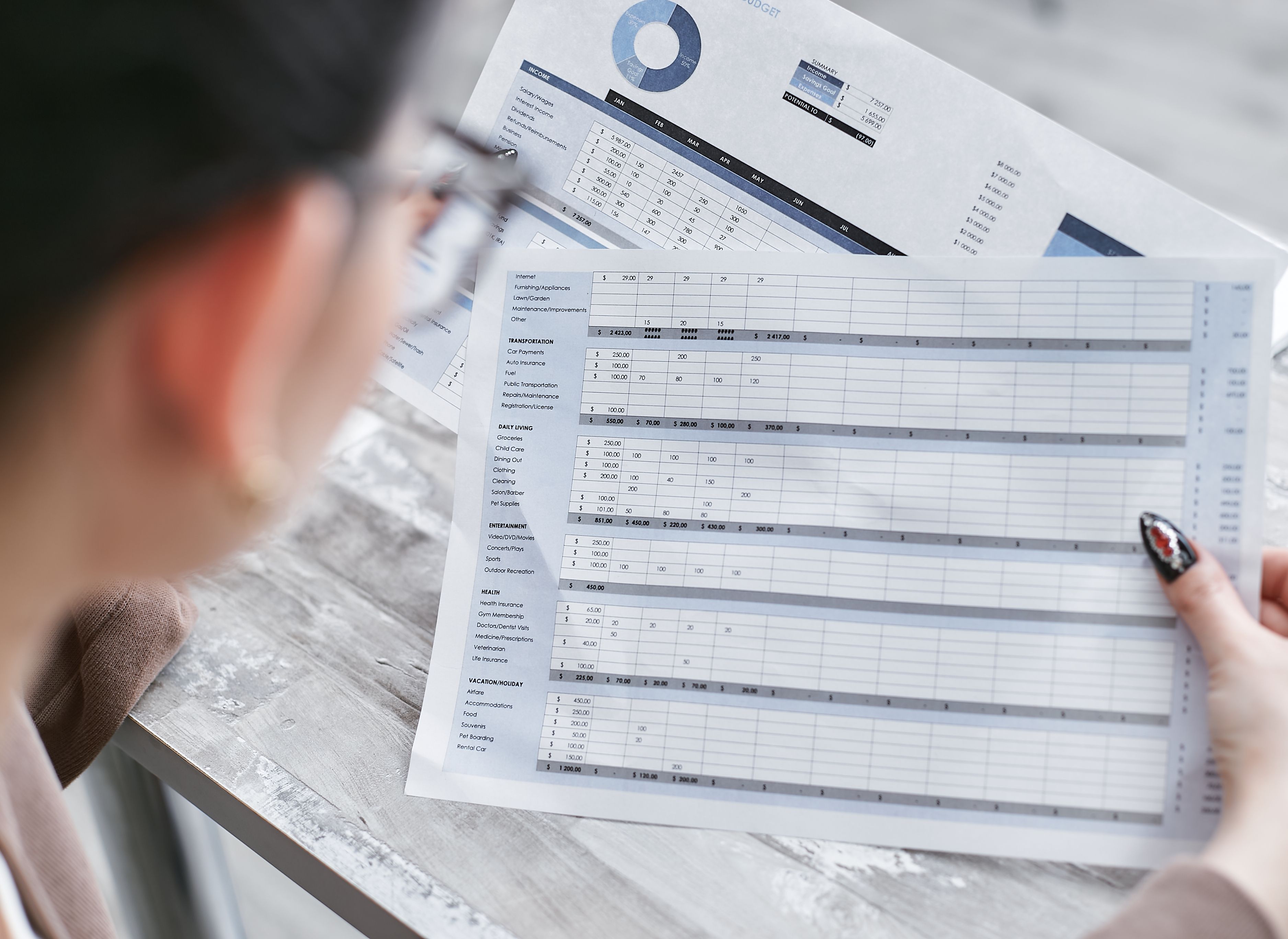 A businesswoman reviewing financial spreadsheets with charts and graphs in an office setting
